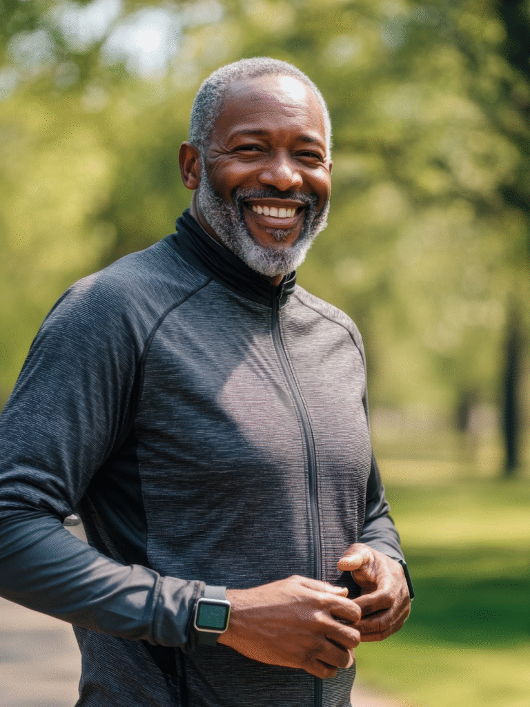 smiling man jogging outside